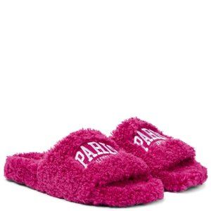 Paris Balenciaga Campaign Logo Faux Shearling Slide Sandal  Slipper Size 8